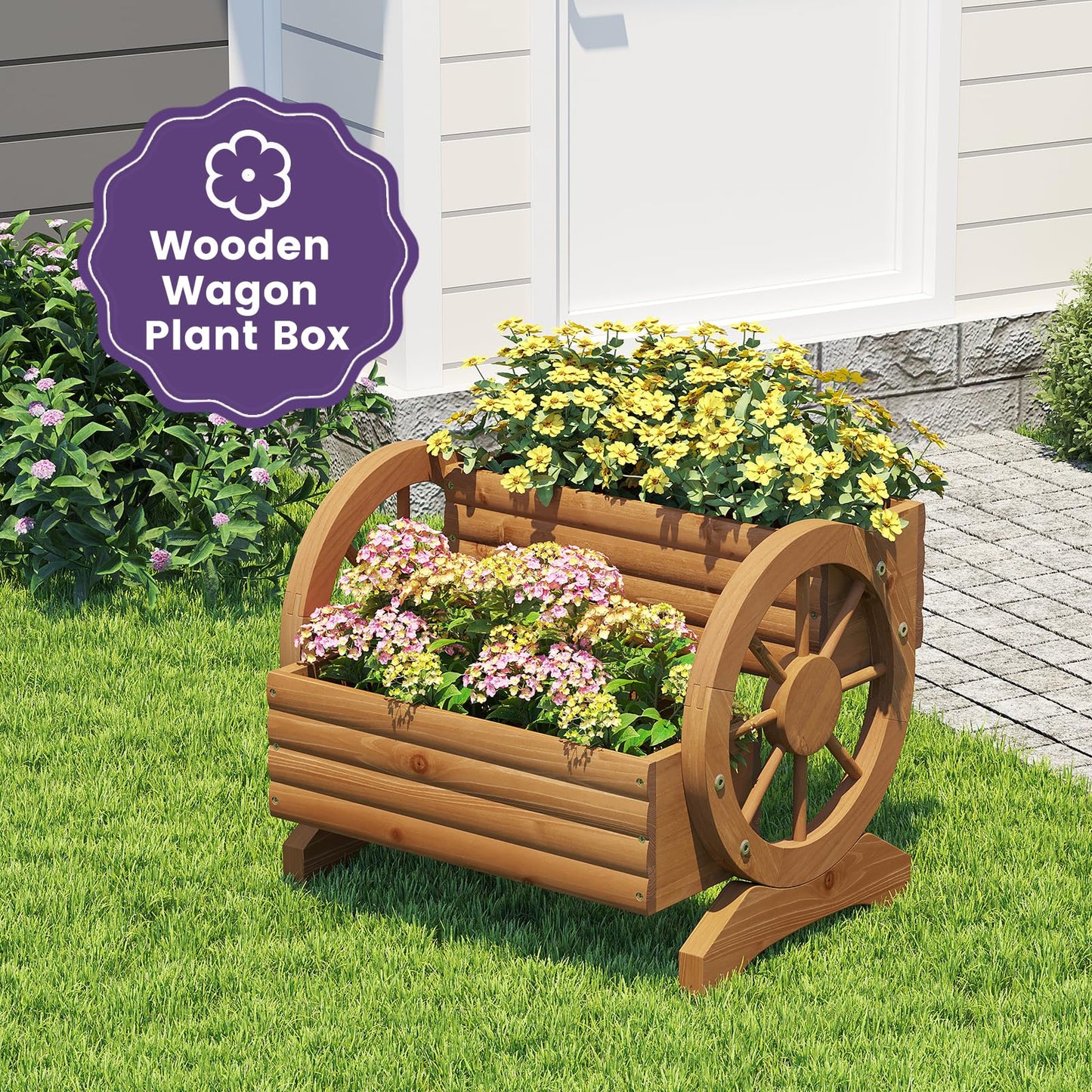 Wieghda Wooden Wagon Planter Box, Standing Garden Planter, Decorative Outdoor Container,Coffee