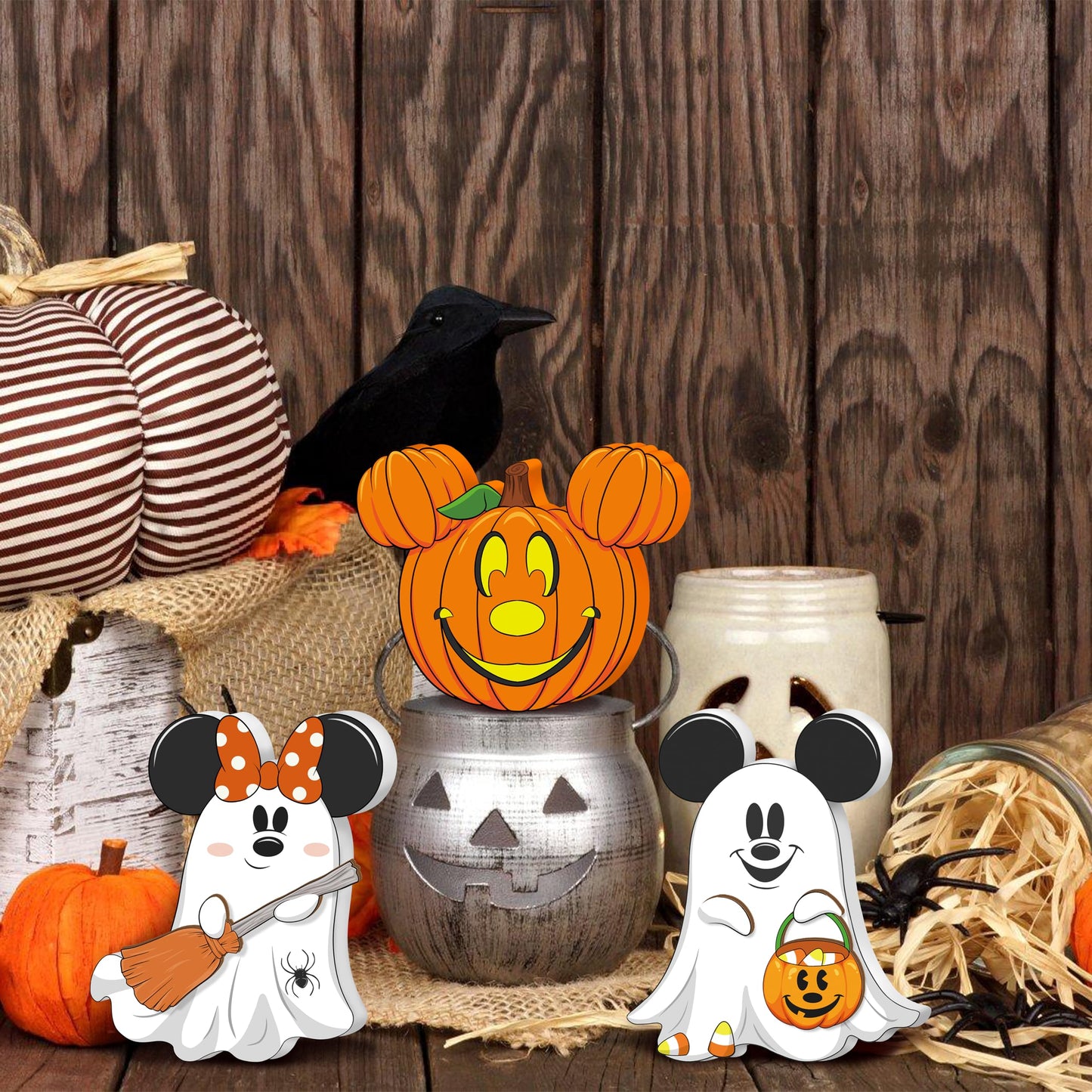 Halloween 3D Mouse Shaped Wooden Table Decor,3 Pcs Cute Pumpkin Witch Ghost Spider Wooden Tiered Tray Decor,wood Centerpiece Tabletop Ornament for Holiday Tiered Tray Halloween Party Decoration