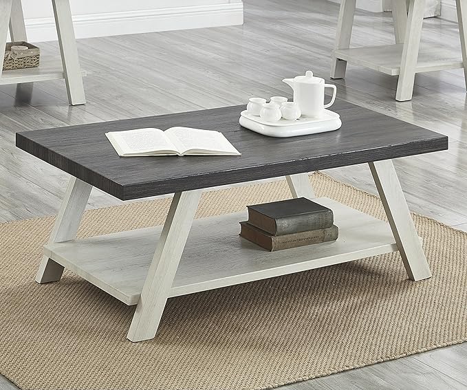 Contemporary Two-Tone Wood Coffee Table 48 in, Weathered Charcoal and Beige