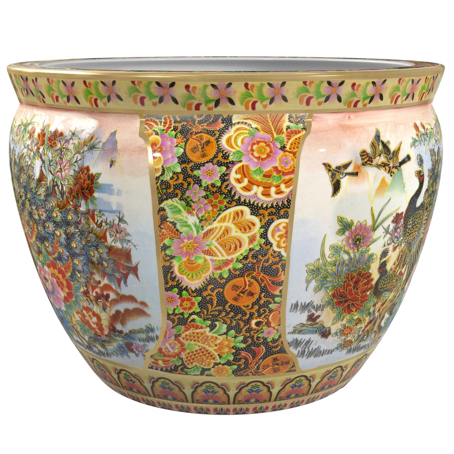 Red Lantern 14" Satsuma Garden & Peacock Porcelain Fishbowl Planter