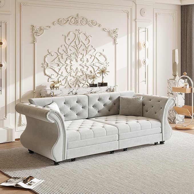 83.8" Oversized Pull Out Sofa Bed, Chesterfield Velvet Sleeper Sofa Couch