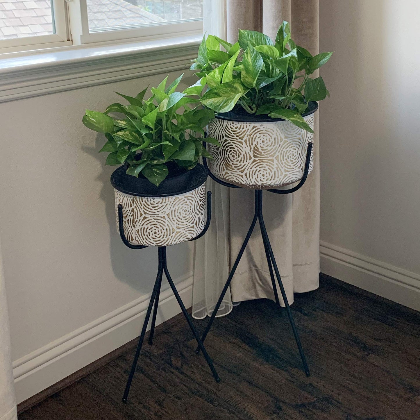 allgala HD88352 Deluxe Galvanized Planter Pot Indoor and Outdoor Decoration(Pack of 2, Gold Rose 3 Leg Stand)