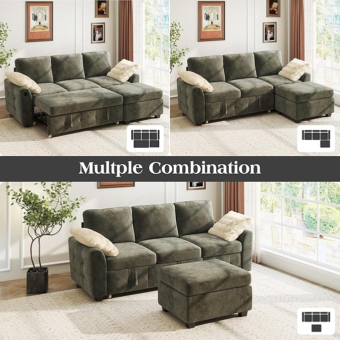 Ihanherry Modular Convertible Sectional Sofa Bed, Reversible Chaise & Storage