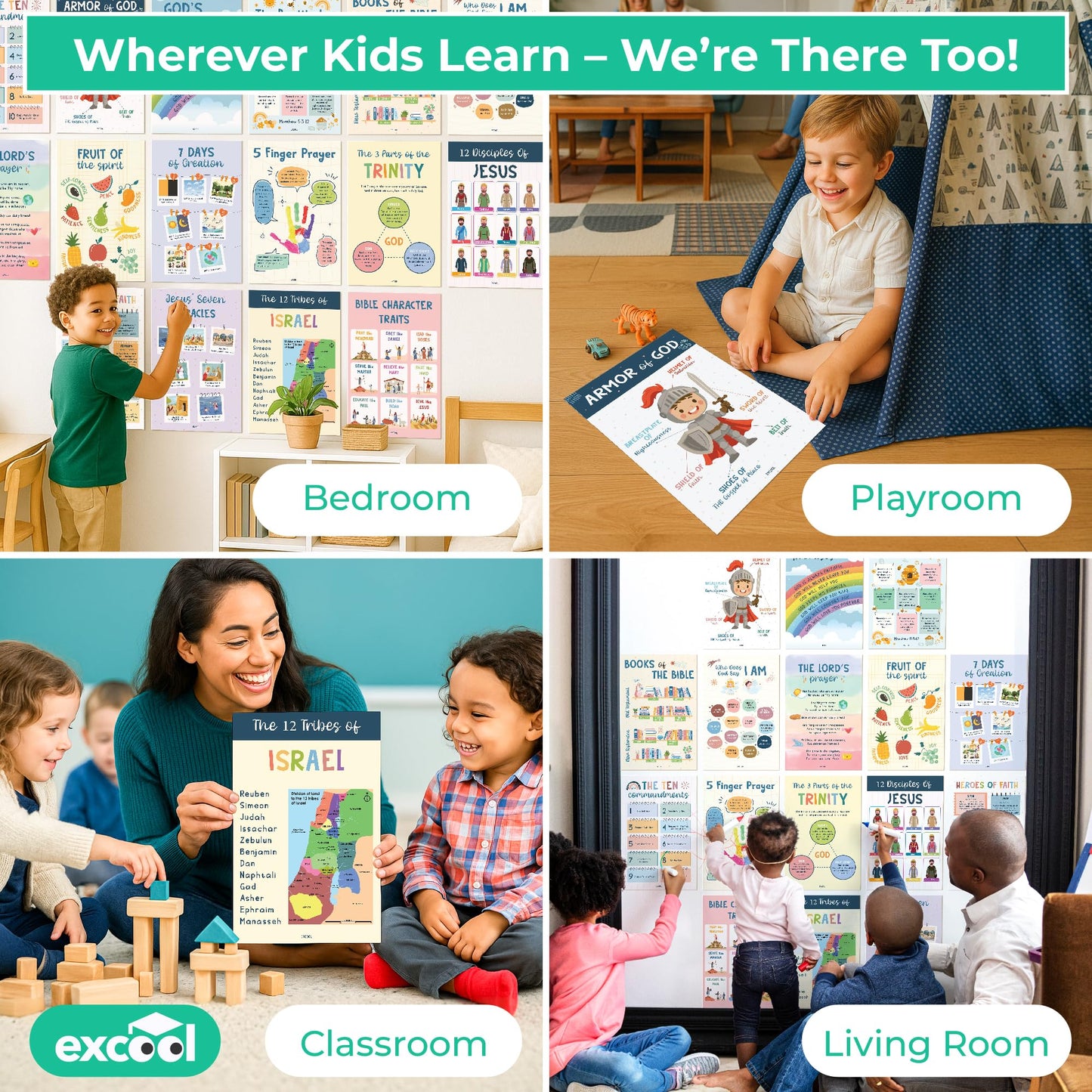 Excool Club Sunday School Decorations For Classroom - 16 Book Of The Bible Posters For Kids, Ten Commandments Fruit Of The Spirit Wall Art, Bible Study Supplies For Christian Classroom Decor (11"x17")