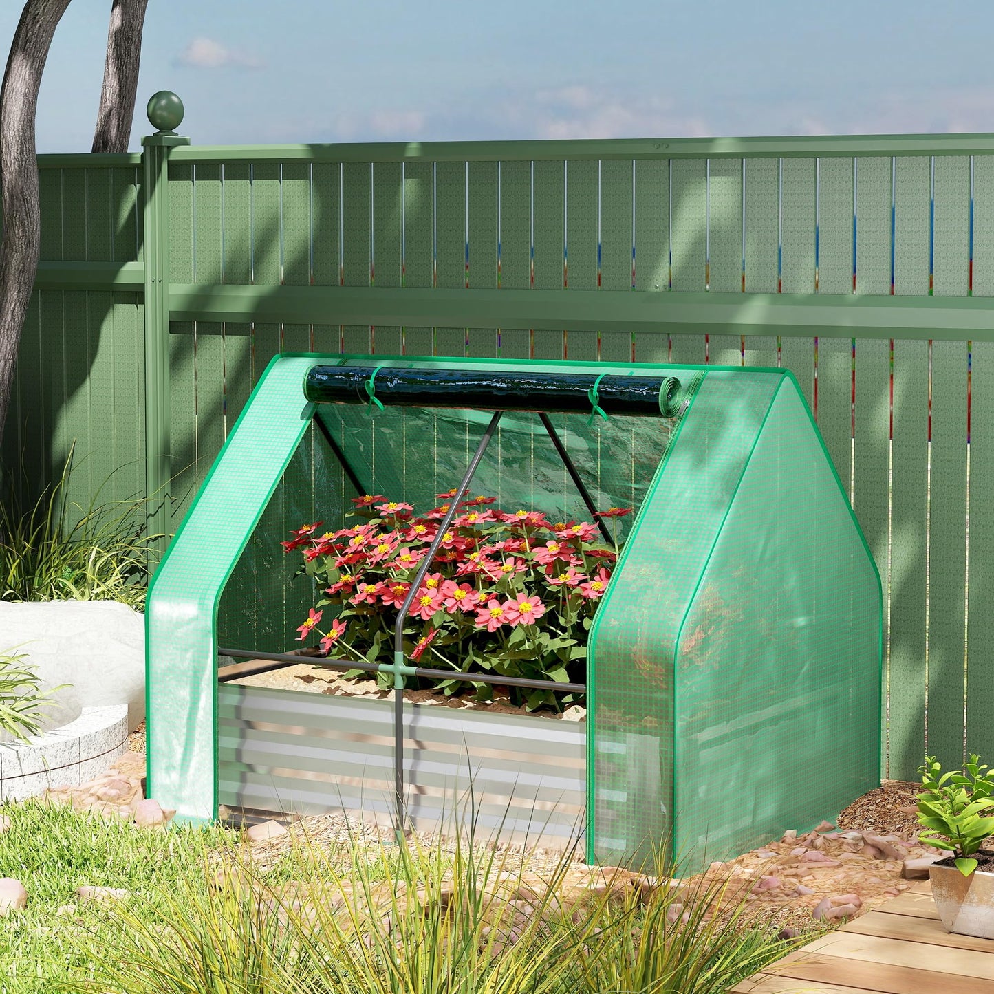 Outsunny 4 x 3 x 3ft Raised Garden Bed with Mini Greenhouse, Galvanized Raised Garden Bed with Cover for Herbs and Vegetables, Small Greenhouse for Patio Garden Balcony, Green