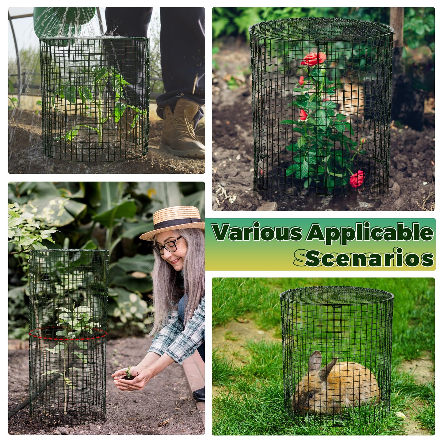 Hiboom 4 Set Garden Plant Protectors from Animals with Stakes, Metal Mesh and Detachable Covers Wire Plant Cage for Keeping Bunny Animals Out, Chicken Wire Cover Garden Protection (12x13)
