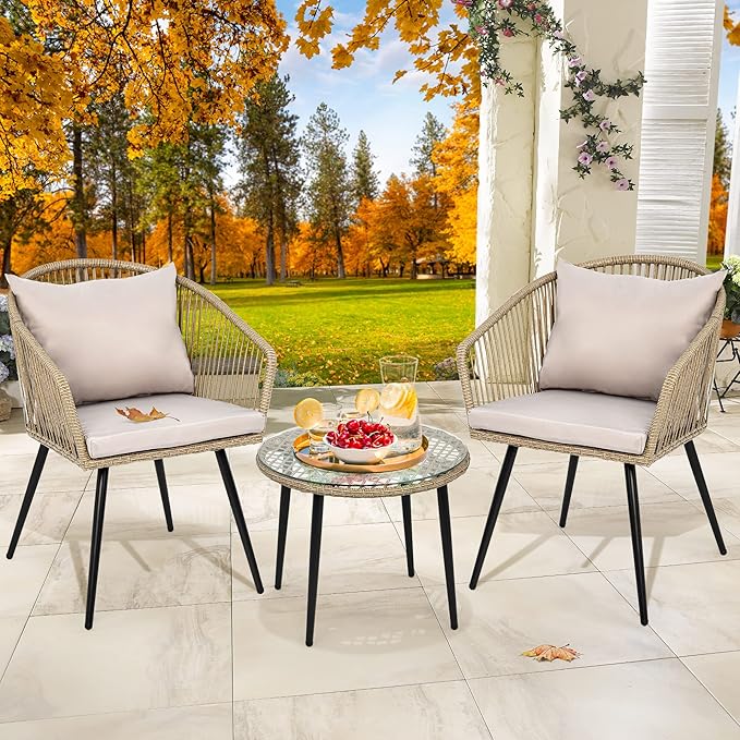 YITAHOME 3-Piece Wicker Small Patio Balcony Chair Set, Outdoor Rattan