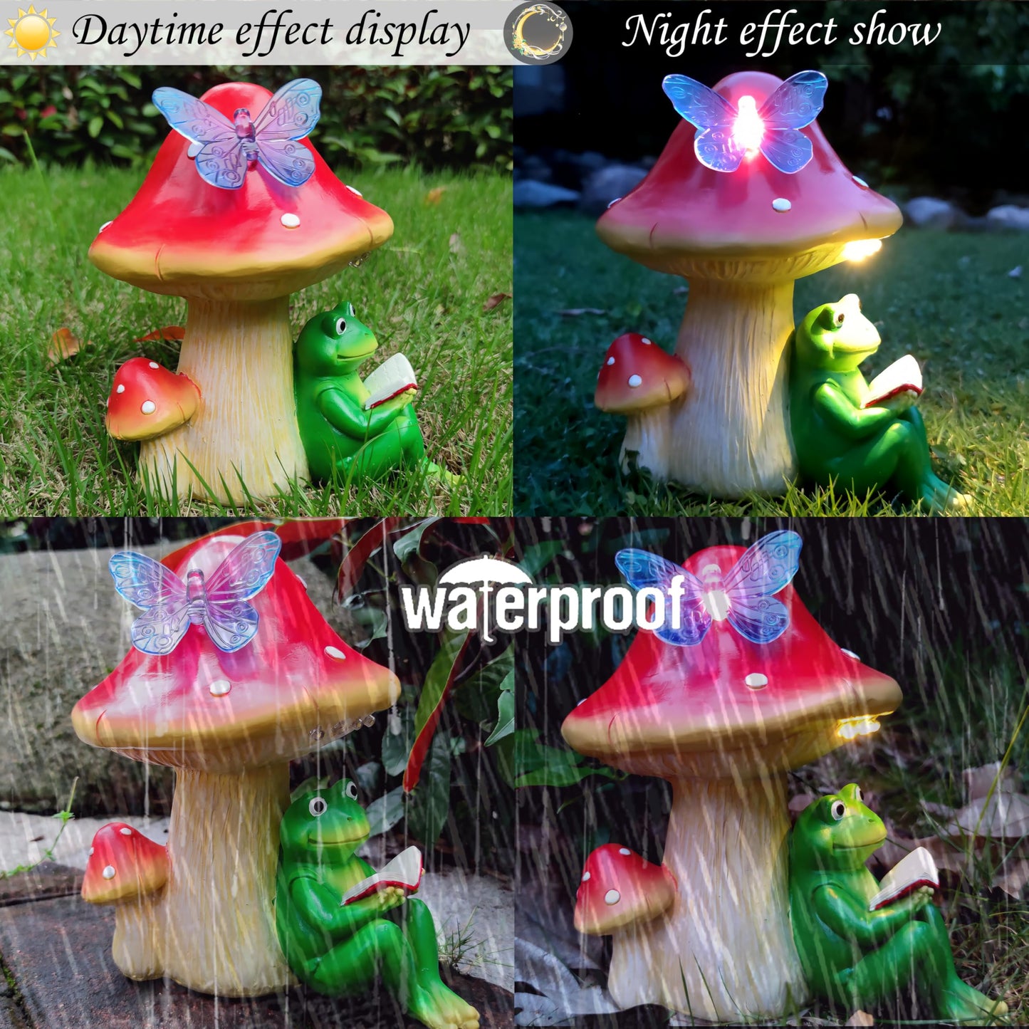 RCTTICUU Solar Frog Mushroom Garden Statues,Statuettes of Resin Frog Mushroom Reading a Book Figurine with LED Solar Lights, Lawn Decor Outdoor Statue for Patio,Balcony,Yard,Lawn Ornament
