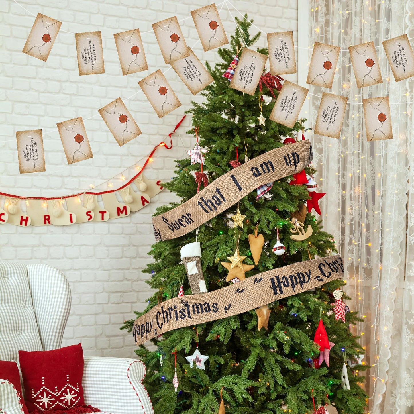 Mizelu 2 Set 62''x 4'' Christmas Tree Burlap Ribbon Garland, Wizard Burlap Ribbon Tree Decoration with 2 String Letter Cards, Xmas Rustic Burlaps Ribbons Decor for Christmas Hanging Home DIY Craft