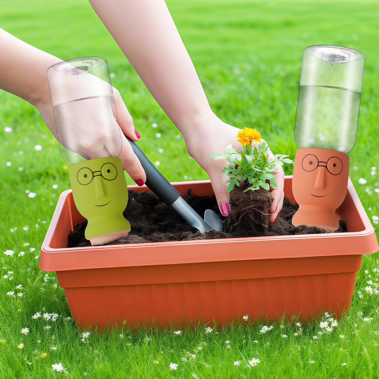 4 Pack Terracotta Watering Spikes, Self-Watering Plant Stakes for Indoor & Outdoor Potted Plants with 12 oz Plastic Bottles for Ideal Auto Watering Devices for Plants During Vacation