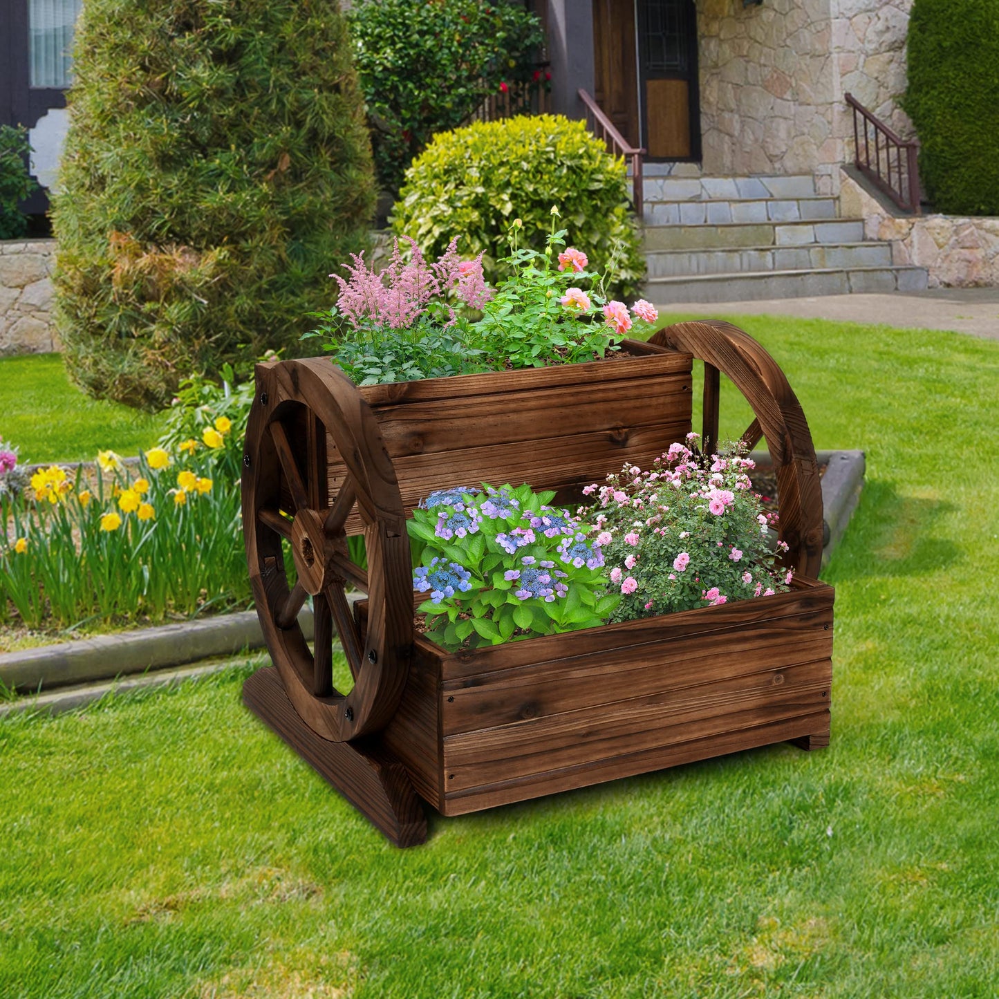 OIPRTGFJ Wooden Wagon Planter Box Garden Planter with Wheels (2-Tier Planter Box-2PCS)