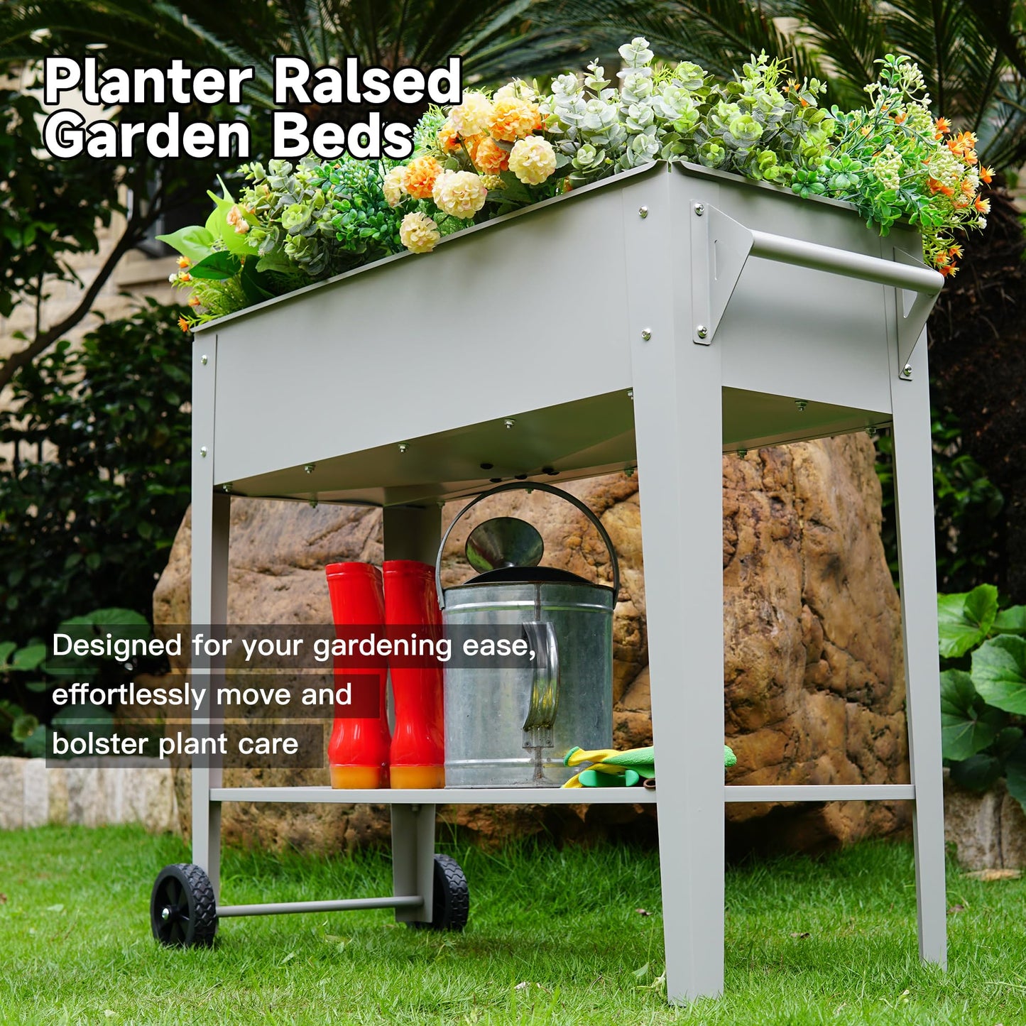 LEETOLLA ๐๐๐ข๐ฌ๐๐ ๐๐๐ซ๐๐๐ง ๐๐๐ ๐๐ฎ๐ญ๐๐จ๐จ๐ซ Elevate Herb Garden Planter Box Outdoor Raised Planter Box with Legs On Wheels for Vegetables Flower Tomato Patio Backyard