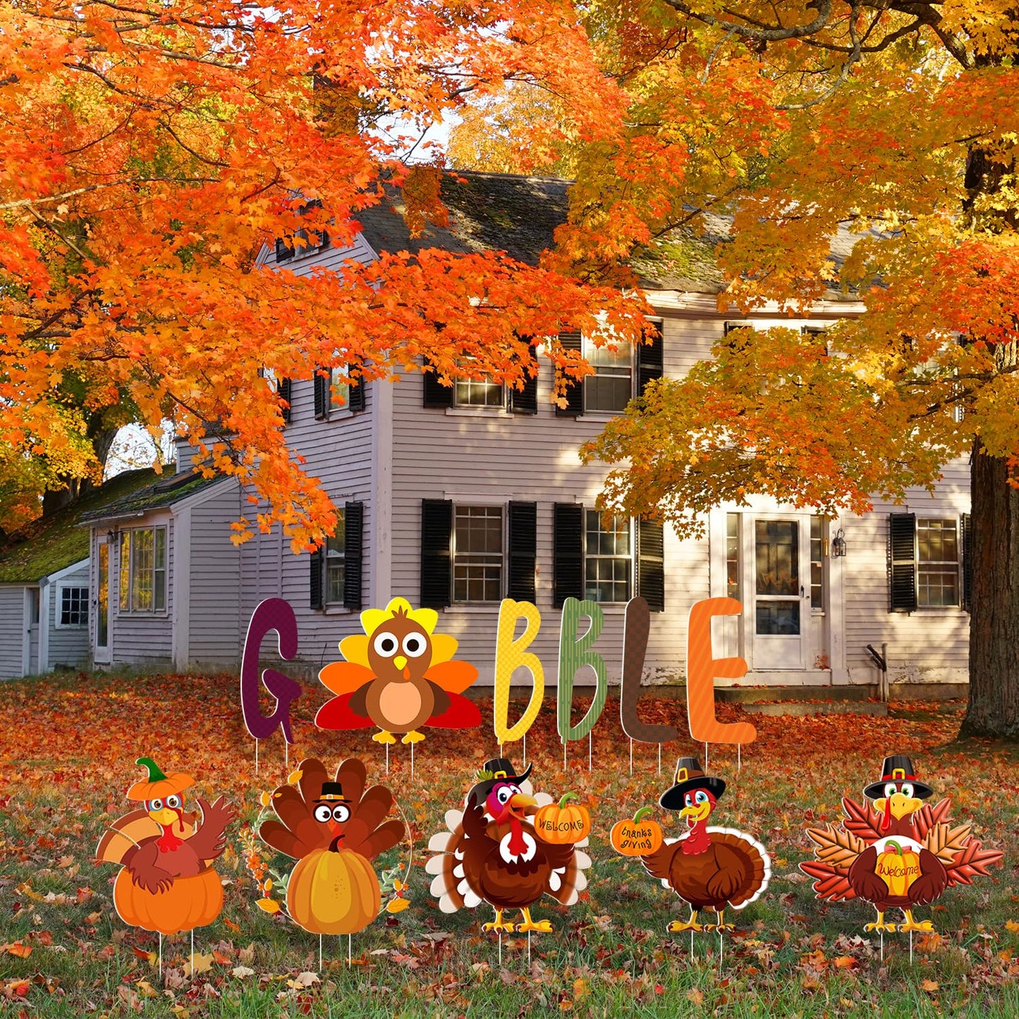 Quera 11 Pcs Thanksgiving Yard Signs Gobble Turkey Outdoor Lawn Thanksgiving Decorations Outside Decoration Pumpkins Yard Stakes for Fall Party