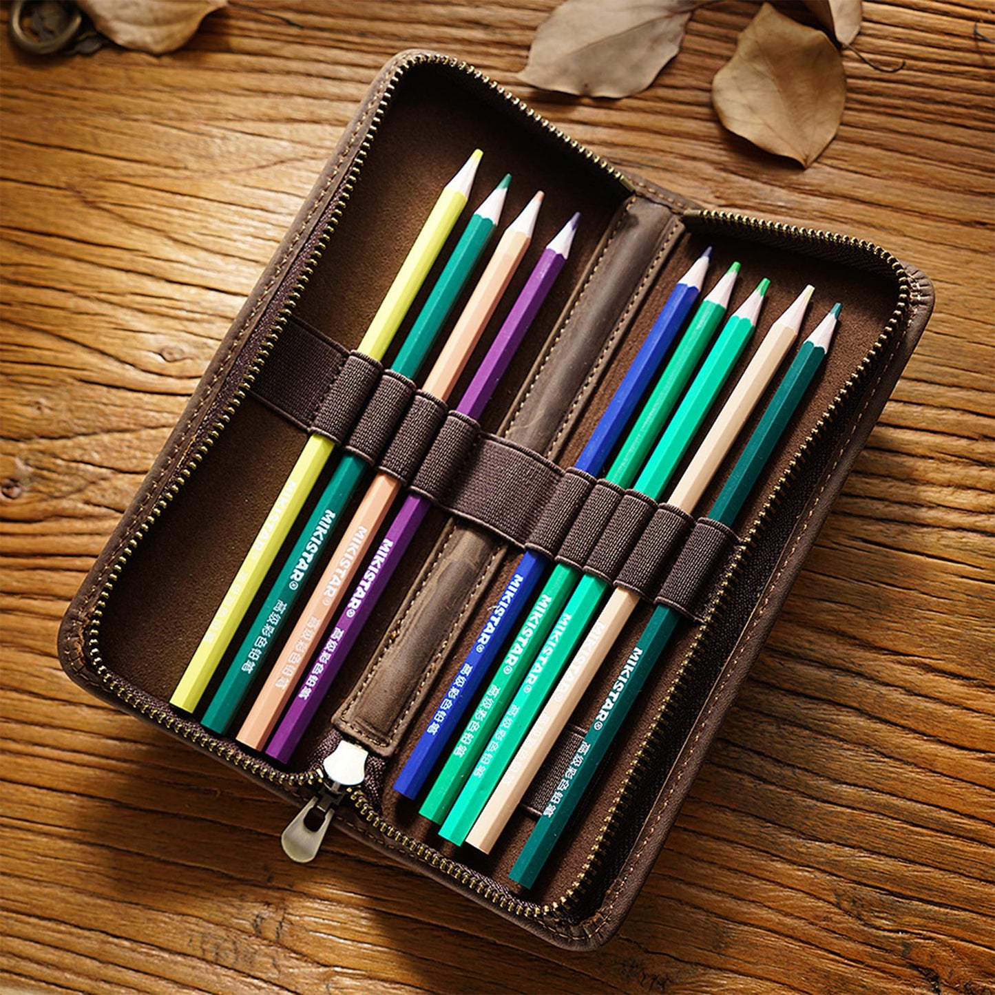 MIVLXLX Leather Pencil Case Organizer, 10 Wooden Pencils Portable Pen Case Storage for Drawing Pencils and Markers (black)