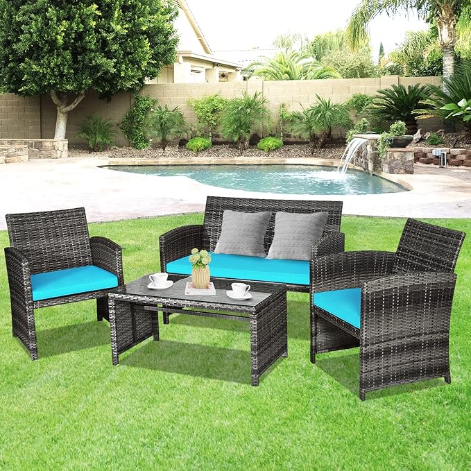 Goplus 4-Piece Rattan Patio Furniture Set, Outdoor Wicker Conversation Sofa
