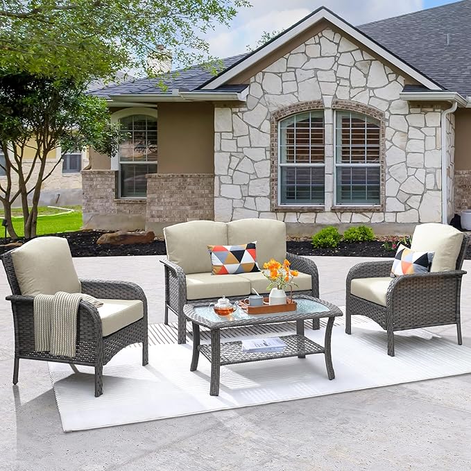 ovios 4-Piece Patio Furniture Set, Outdoor Wicker Sofa