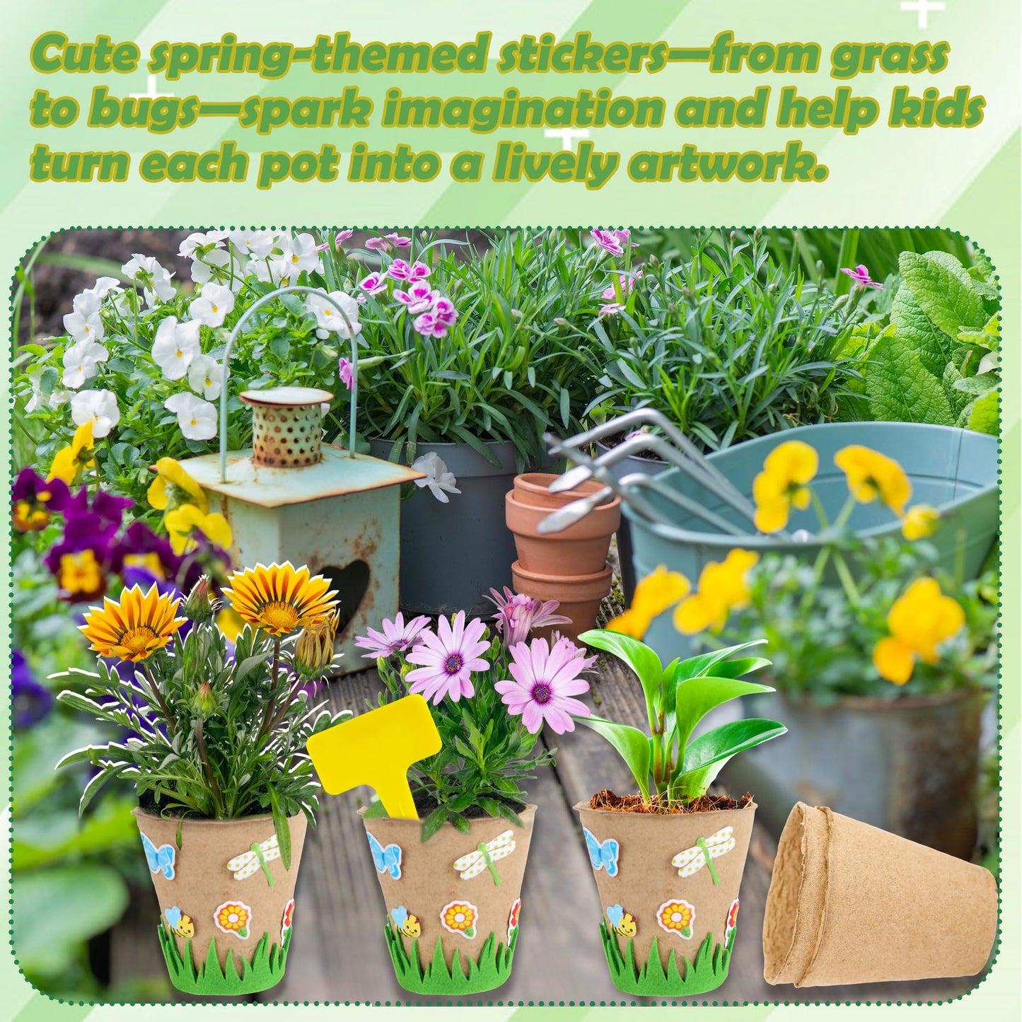 40 Set Garden Paper Craft Kit Include Round Paper Flowerpots Stickers Customized Self Adhesive Small Grass Labels DIY Flower Planting Pots Kit for Flower Plant Spring Summer Earth Day DIY Crafts