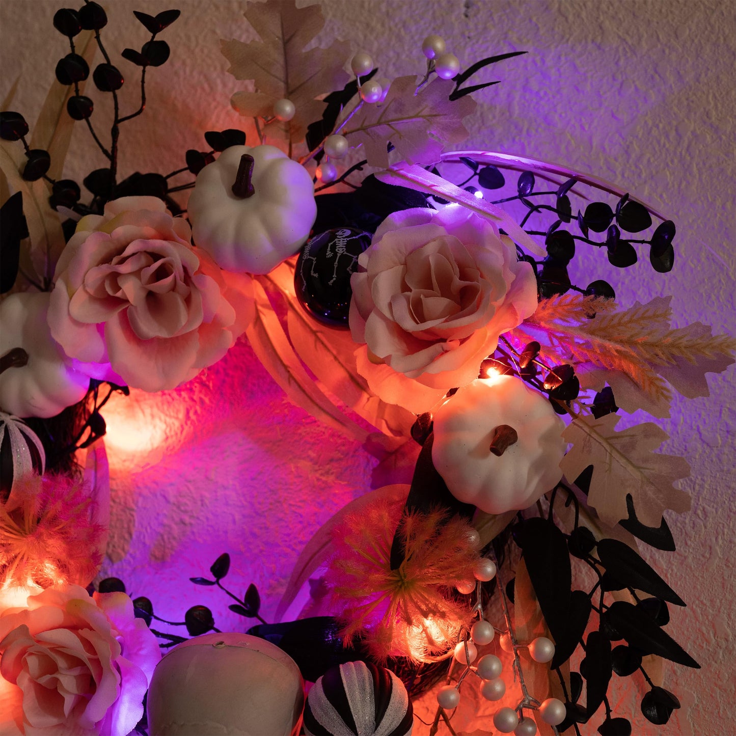 Valery Madelyn 18 Inch Halloween Wreath for Front Door with Lights, Pre-Lit Fall White Pumpkin Skull Wreath Pink Roses Halloween Decorations for Home Porch Table Centerpiece Party Holiday Autumn Decor