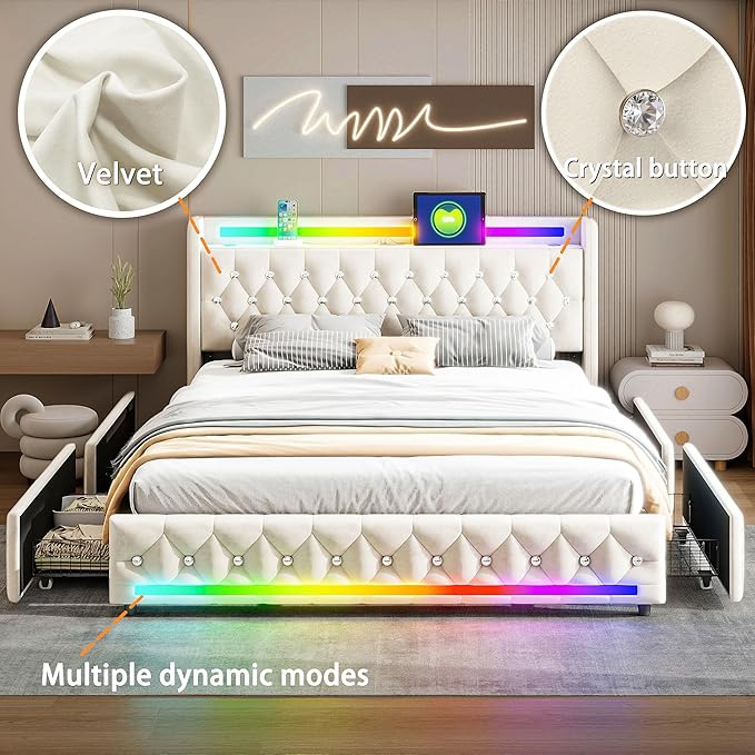 Music Player Bed with Bluetooth Speakers, Queen Size Smart Bed, USB&Type C