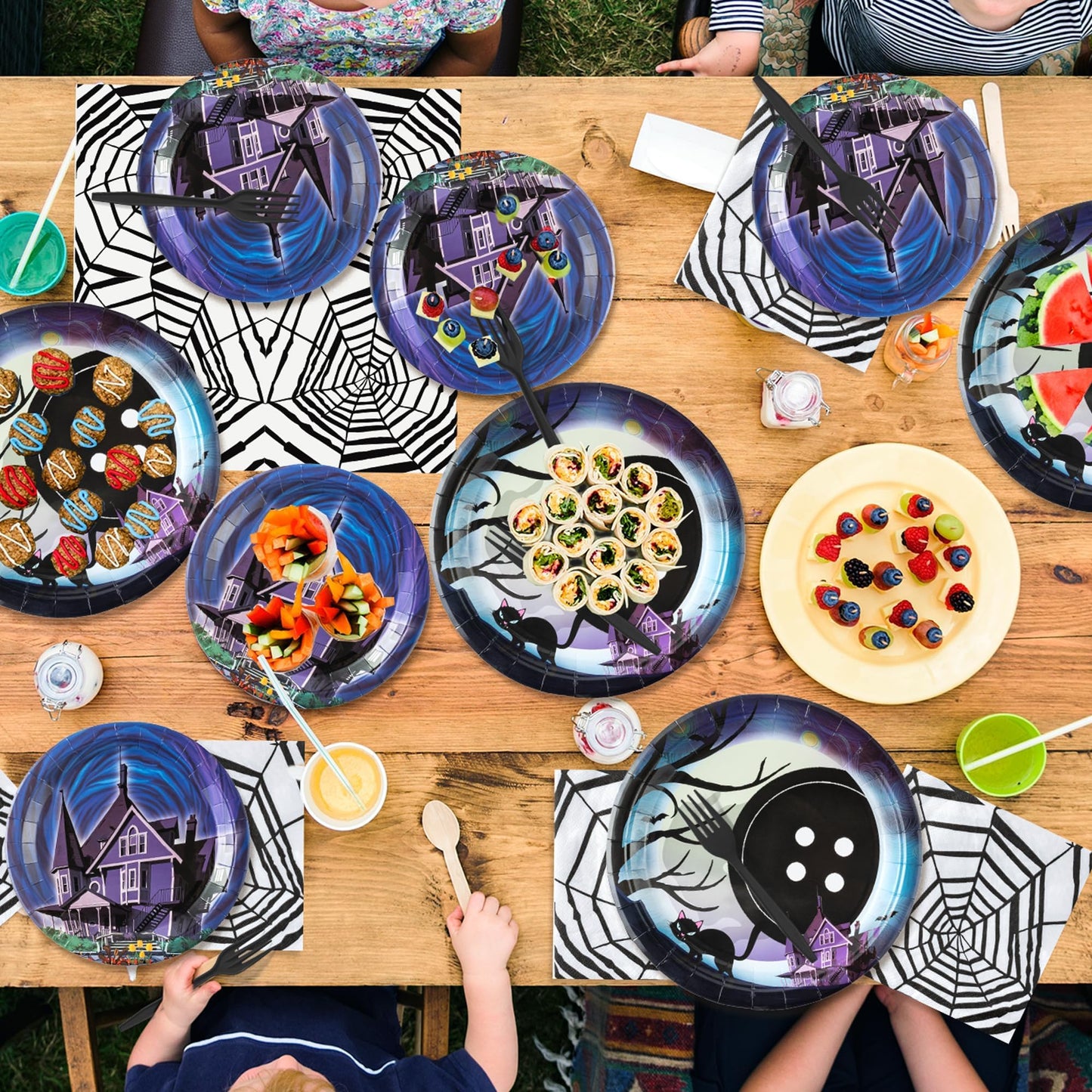 BOpusail 96P Starry Night Ghost House Party Tableware Set, Party Supplies for Kids Birthday School Spooky Night Theme Serves 24 Guests, Disposable Dinnerware Paper Dessert Dinner Plates Napkins Forks