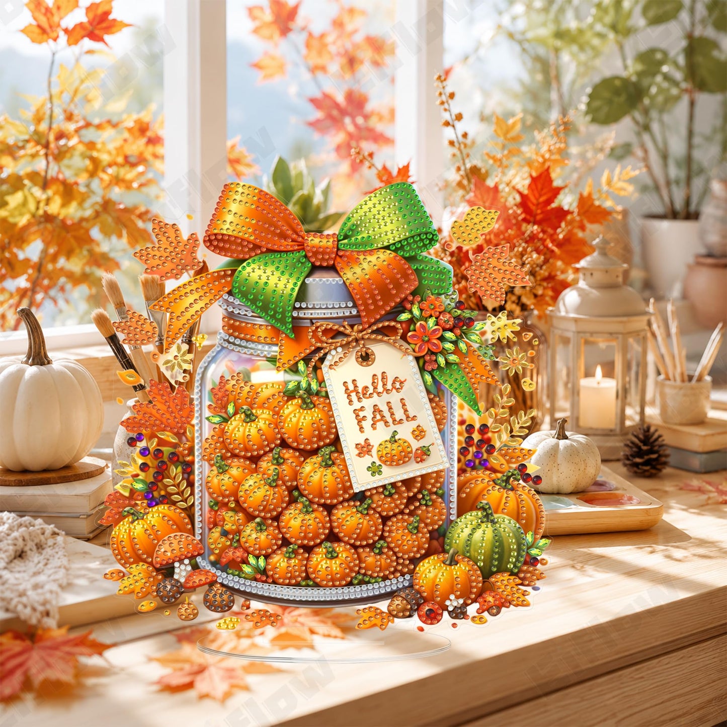Eiflow Desktop Diamond Art Table Top Kit for Adults Fall Pumpkins, DIY Tabletop Diamond Art Painting with Stand, Acrylic Stand Up Gem Painting Board Kit (Happy Fall)