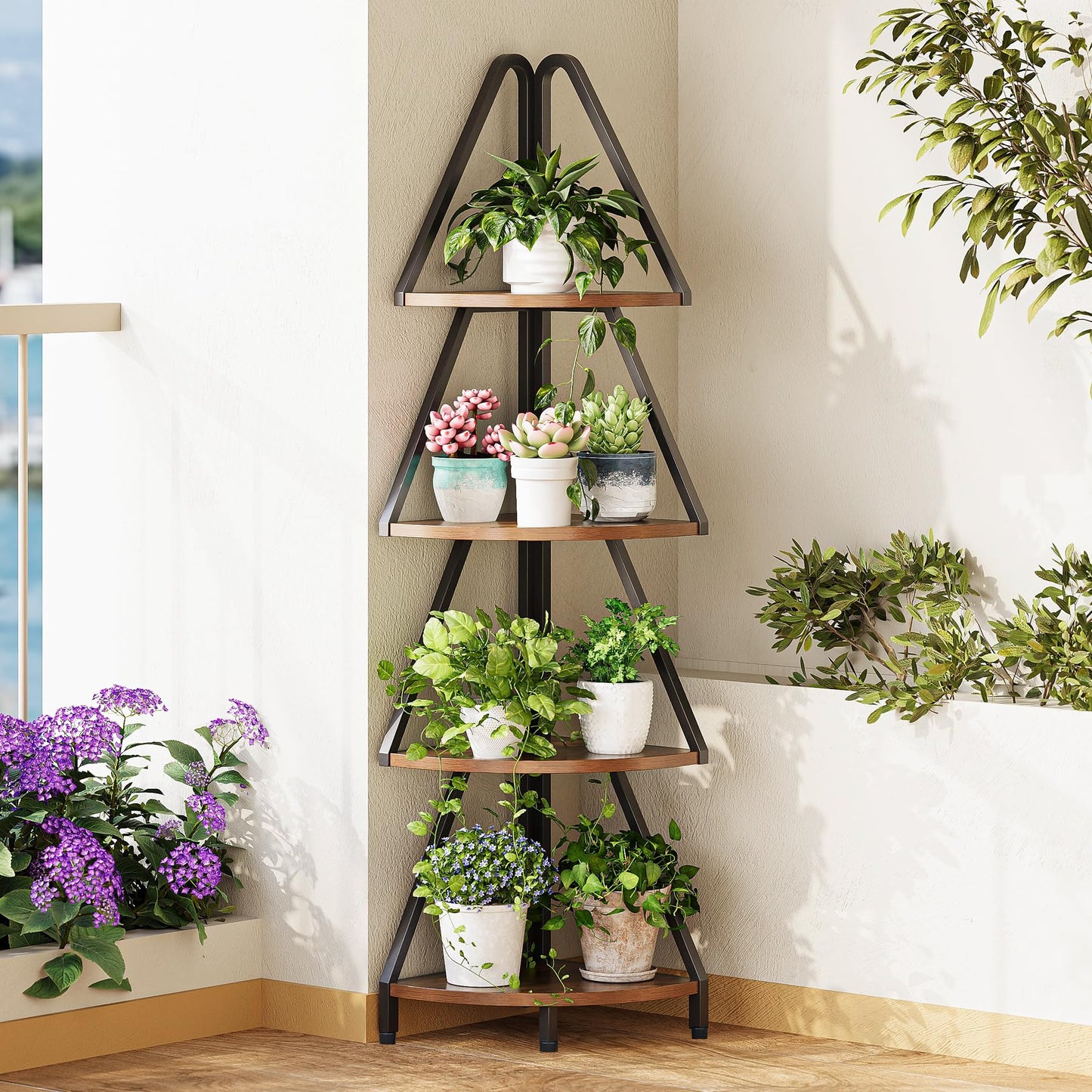 Espelism 4-Tier Corner Shelf Stand, 53.1” Tall Industrial Standing Display Shelf Storage Rack,Narrow Plant Stand,Tree Design Corner Bookshelf for Living Room, Bedroom, Office (Brown, 4-Tier)
