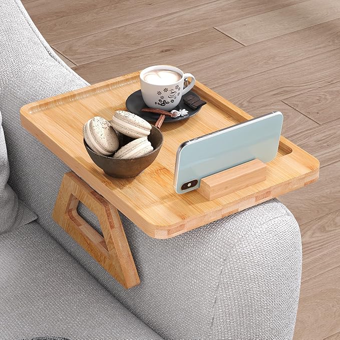 Couch Arm Tray with 360°Phone, Bamboo Folding Sofa Tray, Sofa Armrest Trays