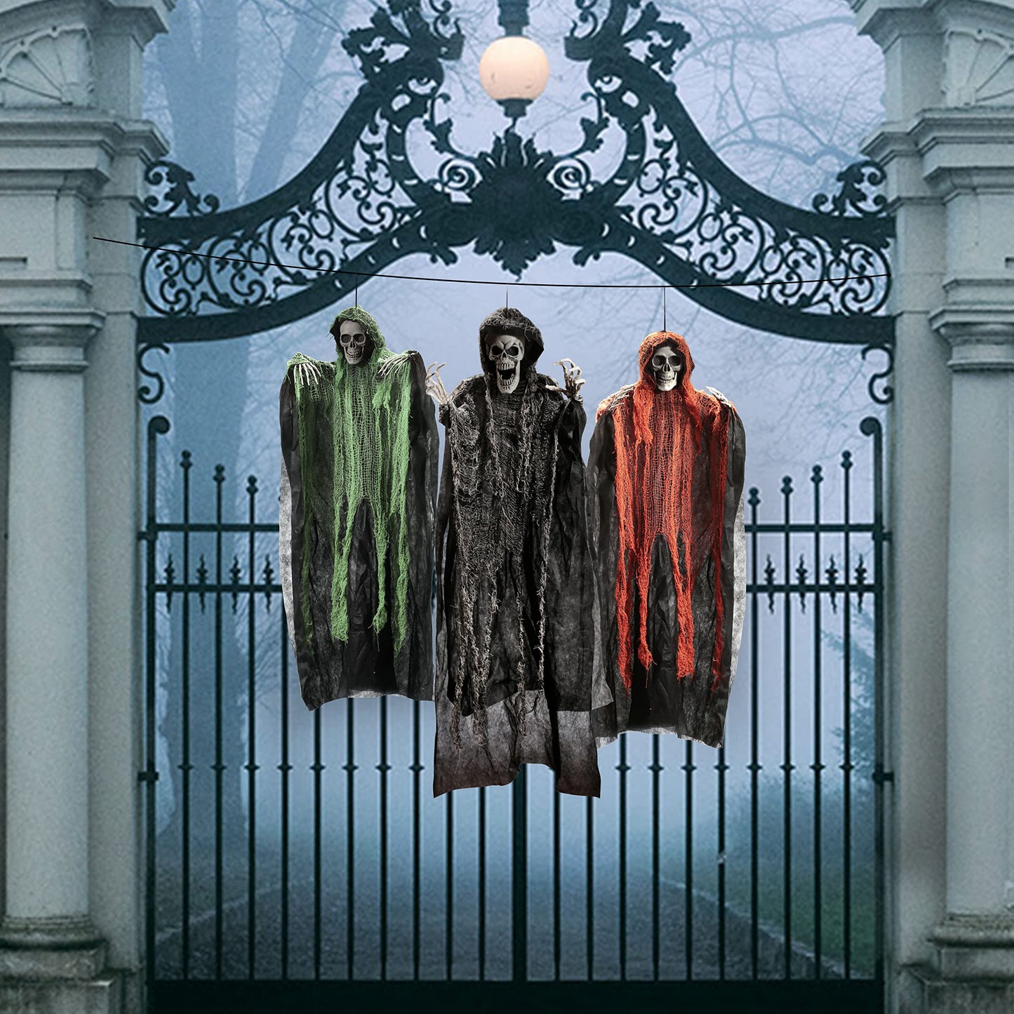 JOYIN Halloween Hanging Grim Reapers (3 Pcs), One 47” and Two 35” Grim Reapers, Halloween Skeleton Flying Ghost for Haunted House Prop Décor, Outdoor Indoor Decor