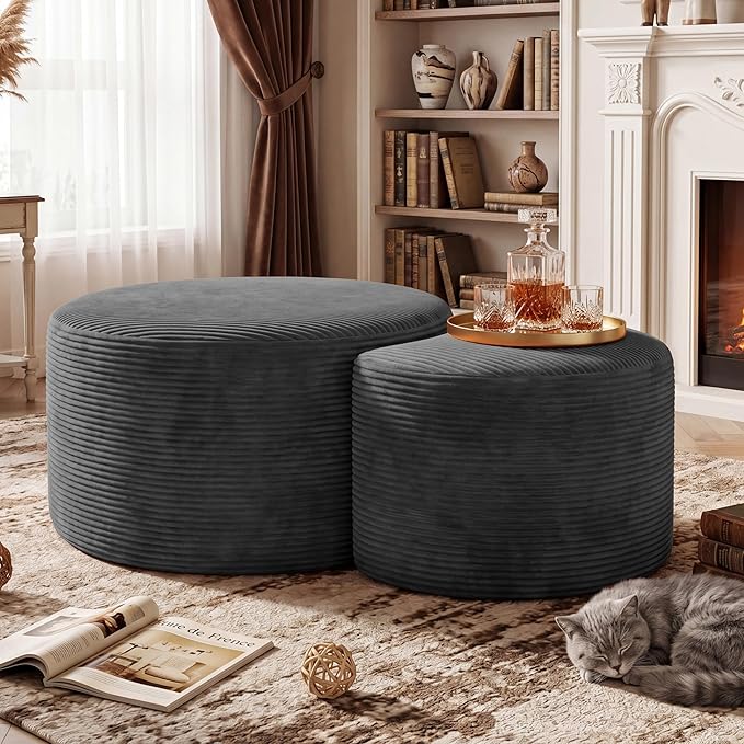 BSHOMGI Boneless Ottoman Nesting Coffee Table Set of 2, Corduroy Soft Foot Rest