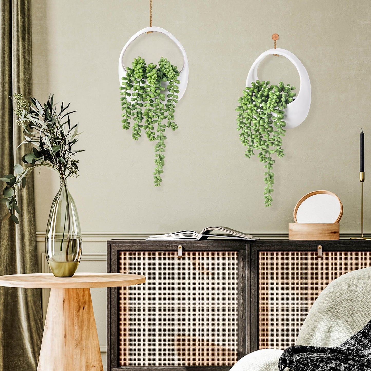 Der Rose 2 Packs Fake Hanging Plants Succulents with Strings Artificial Plants Indoor Outdoor for Boho Wall Decor