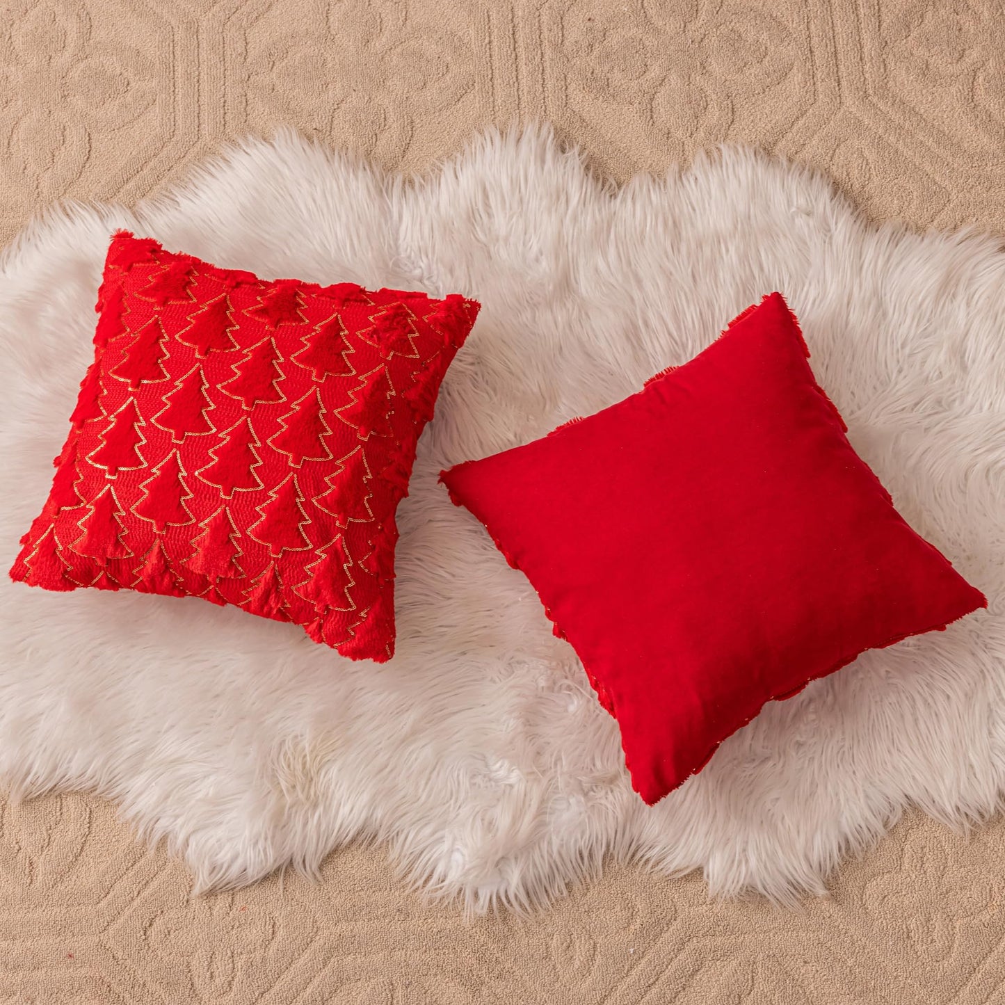 AQOTHES Christmas Tree Red Throw Pillow Covers 18x18, Soft Faux Fur Sequins Throw Pillows for Couch Sofa Bed Room Cushion Covers Holiday Decorations