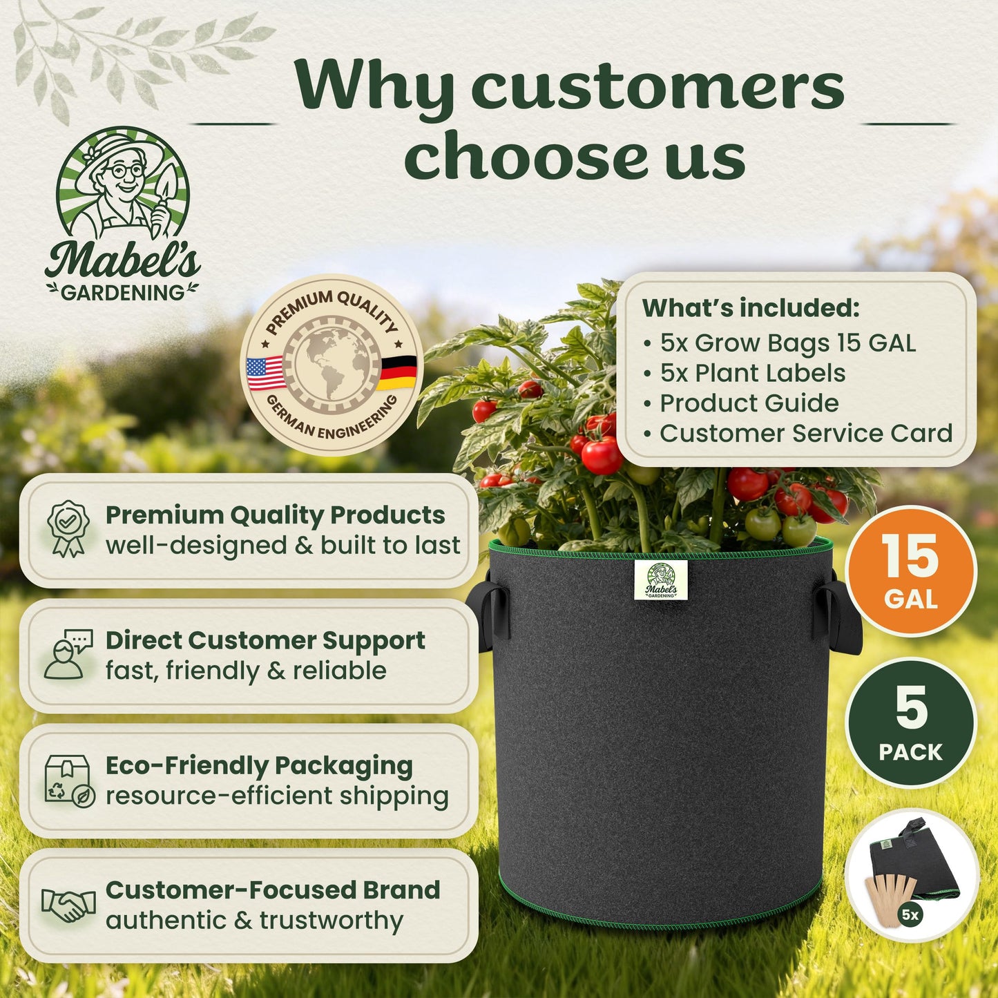 Mabel's Gardening 5-Pack 15 Gallon Grow Bags - Garden Planting Bags 17.7 x 14.2 INCH Made of 8.85 oz/ydยฒ (300g/mยฒ) Felt & Fleece Fabric Plant Pot, Plant Bag, Grow Bag for Pumpkin Potato Tomato