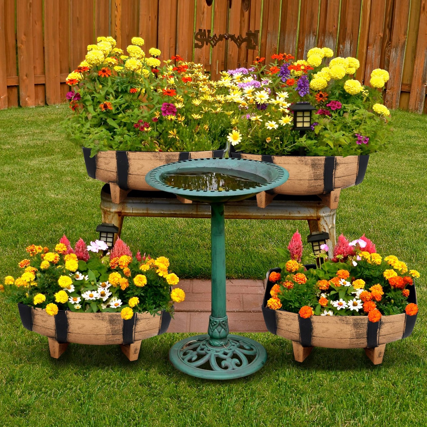 Set of 4 Whiskey Barrel Planters Half Barrel Planter with Removable Drain Screen Plant Flower Pot Weather Resistant Plastic Wine Planter Containers for Indoor Outdoor Garden, 16.14 x 11.8 x 7.28 Inch