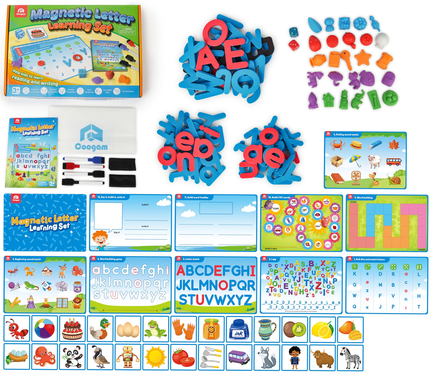Coogam Preschool Alphabet Learning Activities, Magnetic EVA Letters Matching & Handwriting Game, Educational ABC Recognition with 6 Pattern Cards, Phonic Manipulatives Toys for Kids Age 3+