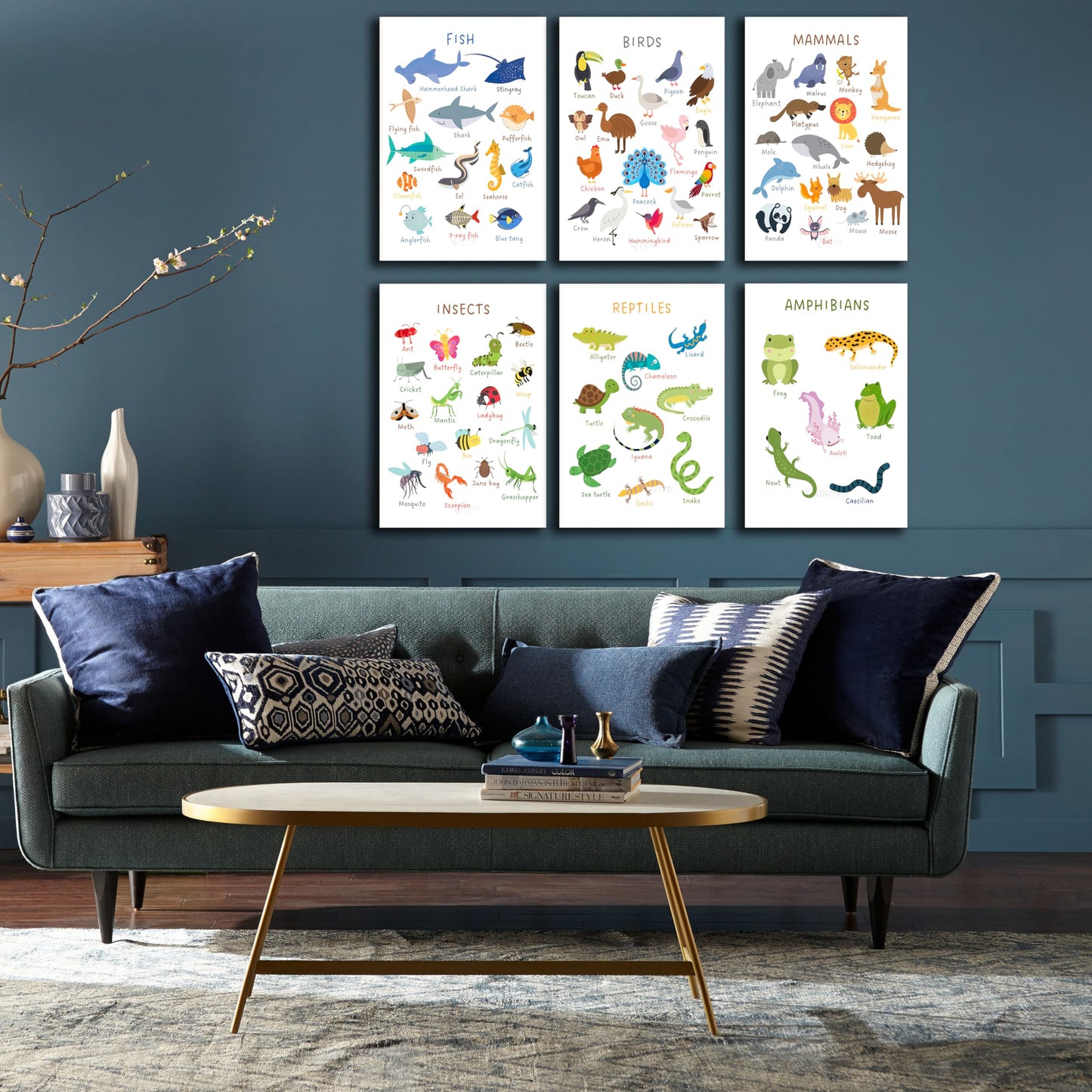 6 Pieces Laminated Educational Preschool Posters for Toddlers,Educational Wall Charts,School classroom Posters,Class decorations for Kindergarten- FISH,BIRDS,MAMMALS,INSECTS,REPTILES,AMPHIBIANS.(No