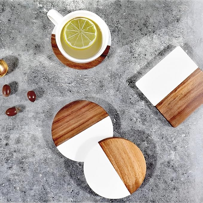 I-LAN 8-Pack Marble and Acacia Wood Coasters, 4-Inch Round Modern Drink Coaster