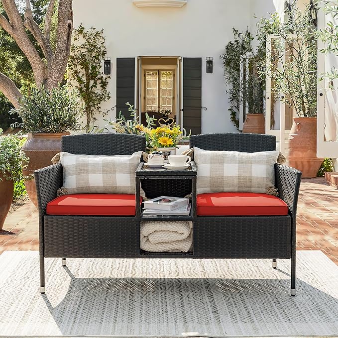 Devoko Outdoor Patio Loveseat Modern Rattan 2-Seat Patio Conversation Set