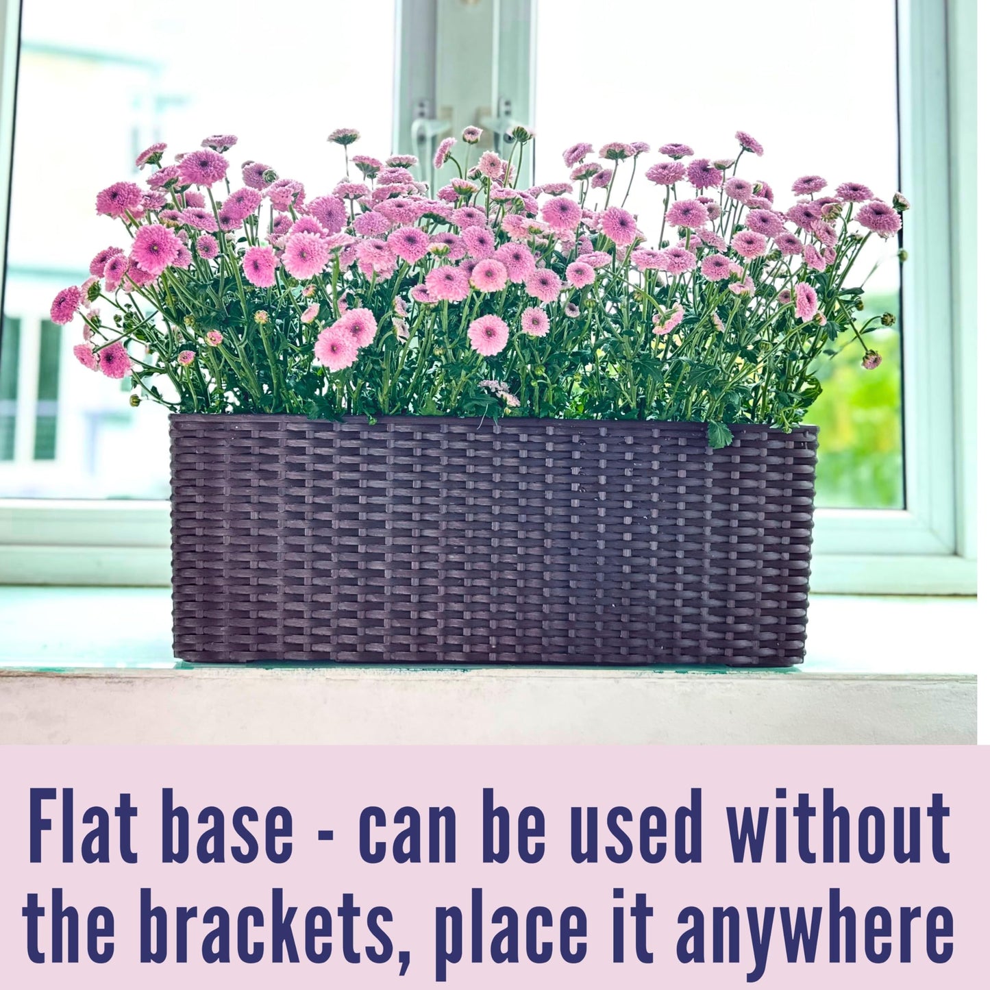 LaLaGreen Outdoor Rail Planter for Balcony (20 Inch, 2 Pack) Large Black Self Watering Railing Planters with Brackets, Rectangular Plastic Window Flower Box Fence Designer Choice with Rattan Pattern