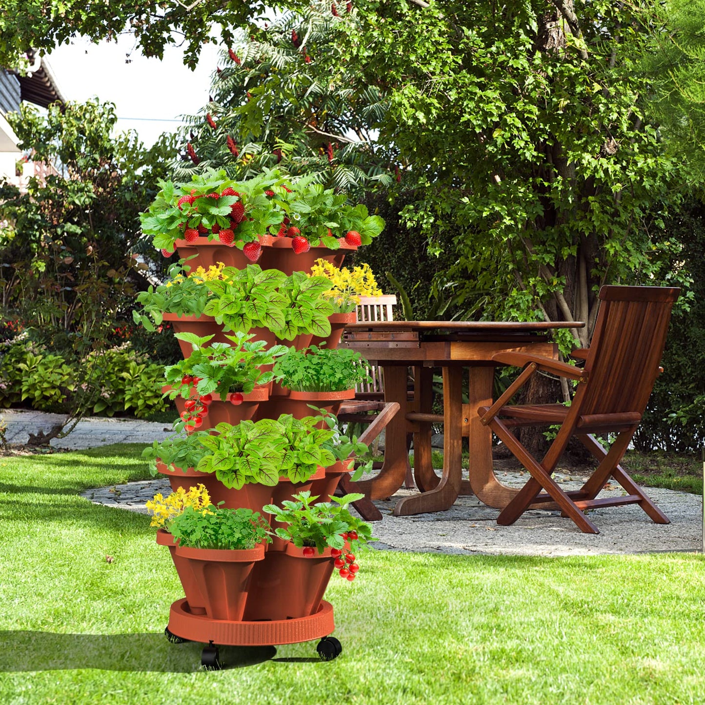 Tectsia Strawberry Vertical Planter, 5 Tiered Stacking Garden Tower, Stackable Herb Vegetable Planters with Support Pole Indoor and Outdoor - Terra Cotta