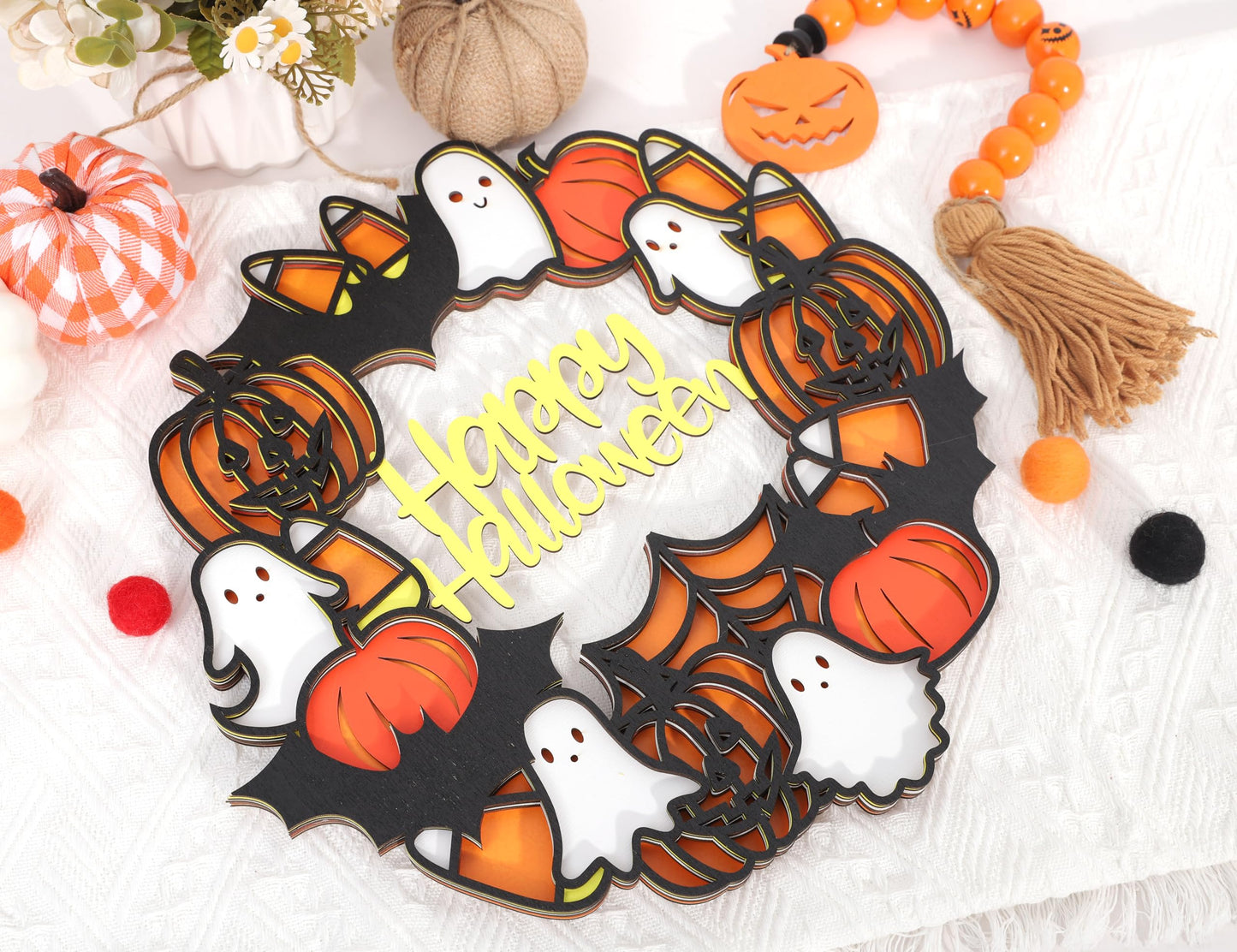 Happy Halloween Wooden Hanging Sign - Halloween Party Decorations, Halloween Ghost Sign, Bat Ghost Pumpkin Wreath, Halloween Garland, Wooden Wreath Wall Hanging Decor(HALLOWEEN SIGN)