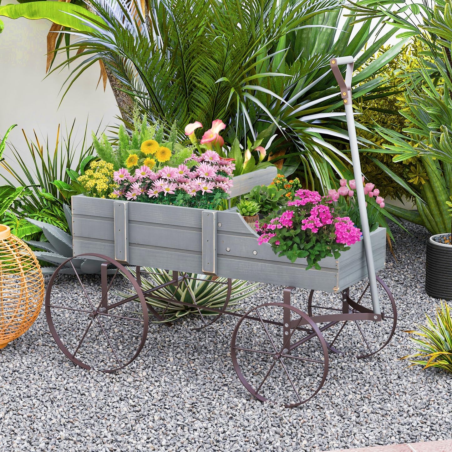 FIREFLOWERY Wooden Wagon Planter, Decorative Flower Pots w/ 2 Planting Sections, Wheels & Handle, Rustic Farmhouse Garden Planter Box for Patio, Yard, Porch (Grey)