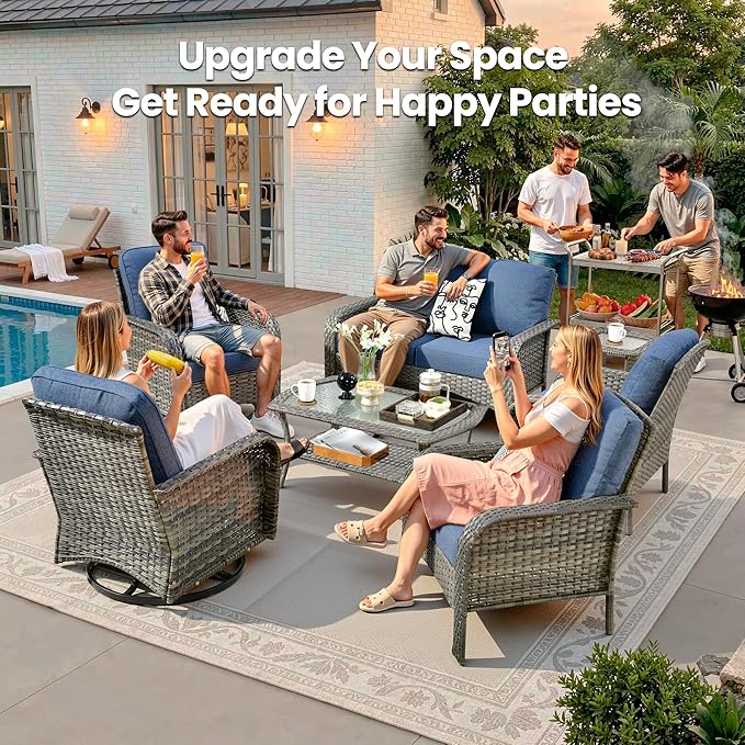 Weaxty 7 Pieces Patio Furniture Set, Wicker Outdoor Swivel Rocking Chairs