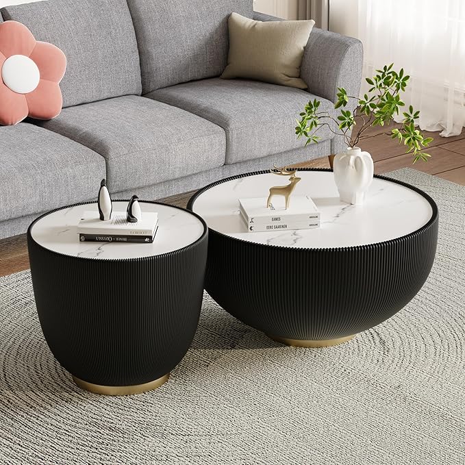 SSLine Bowl-Shape Coffee Table Modern Sintered Stone Top Coffee Table in Black