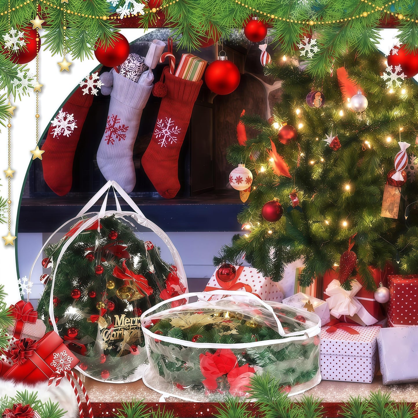 2Pcs Christmas Wreath Storage Container 24 Inch Clear Wreath Storage Bags Round Durable Wreath Bags Clear Everyday Bag with Dual Zippers and Sturdy Handles for Holiday Christmas Wreaths(Medium)