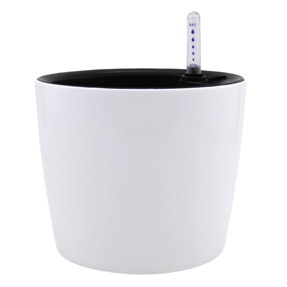 Leoyoubei 7 inch Plastic Self Watering Plant Pots with Water Level Indicator White Set of 1,Modern Decorative Round Flower Pots for All House Plants,Flowers, Herbs,Succulents