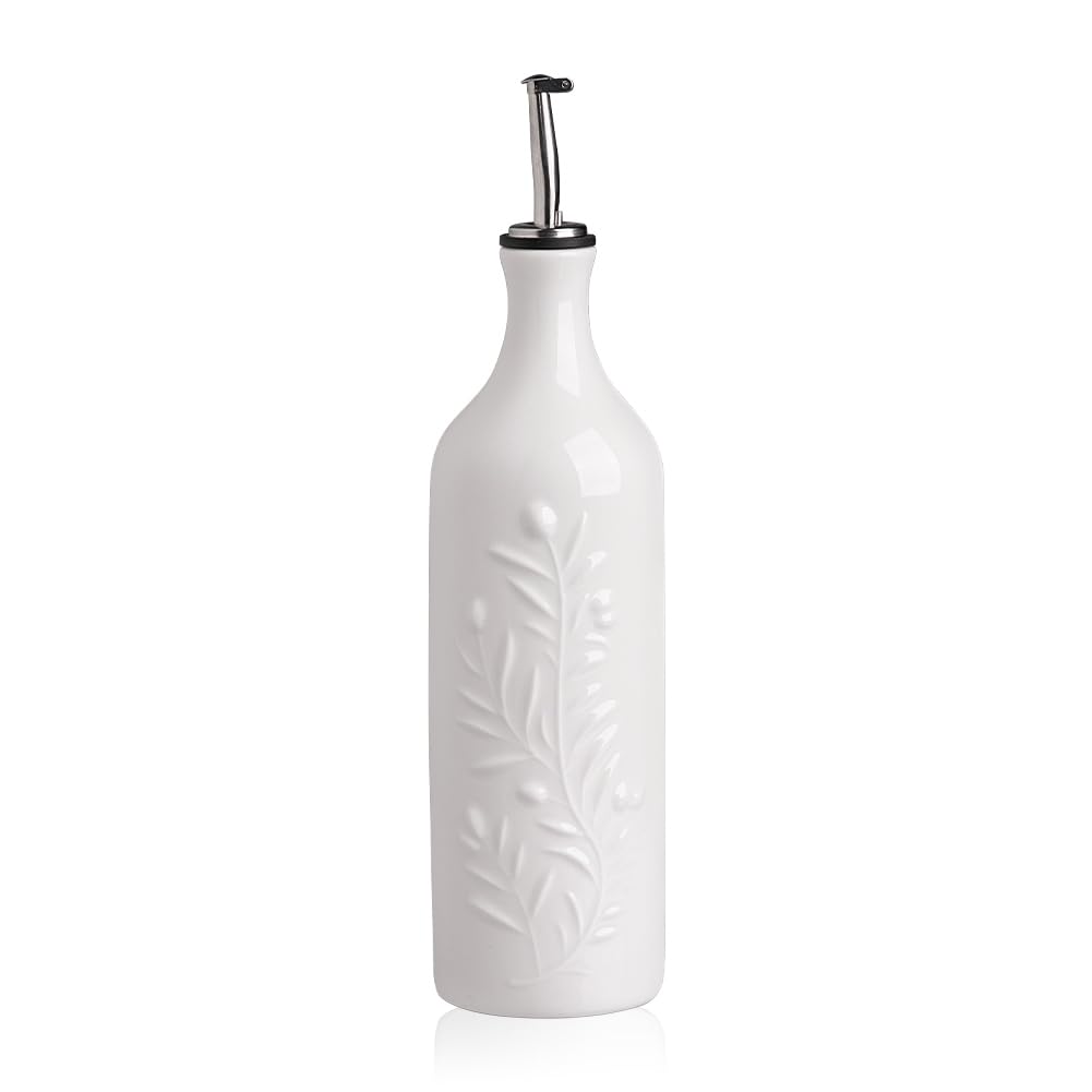 Sweejar Large Olive Oil Dispenser Bottle with Spout, 24 Oz Ceramic Oil Dispenser for Kitchen, Relief Opaque Oil Cruet, Oil Container for Cooking, EVOO, Avocado Oil, Vinegar, Pack of 1 (White)