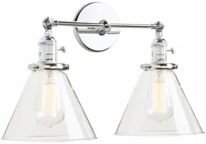 PERMO Double Sconce Chrome Industrial 2-Lights Wall Sconces with Funnel Flared Glass Clear Glass Shade Vanity Light for Bedroom (Chrome)