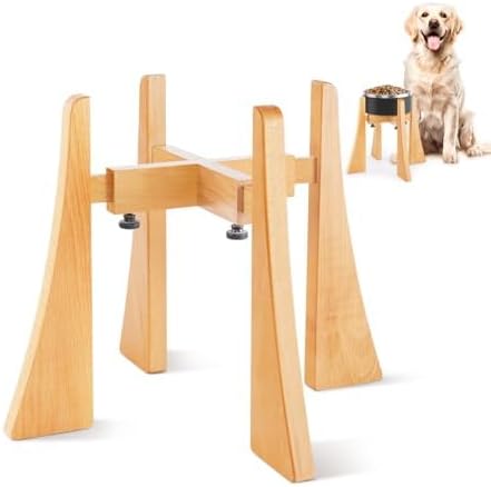 Elevated Bowl Stand 12-inch with Heavy Duty Beech Wood Made, Anti-Vomit Design for Medium Breed, Senior Dogs, Ergonomic Neck Protecting, Adjustable Diameter, Easy Clean Non Toxic