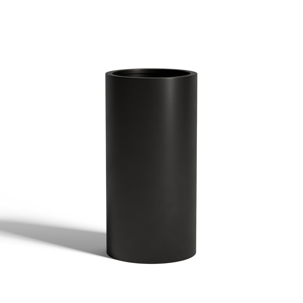 Wil & Vic 89s 15.7'' H x 7.9'' Dia (6.1'' Pot Opening) Jupiter Fiberglass, Cylinder Tall Planter with Drainage Hole, Lightweight, Durable Minimalist Home Decor, Included Extra Coco Mats, Black