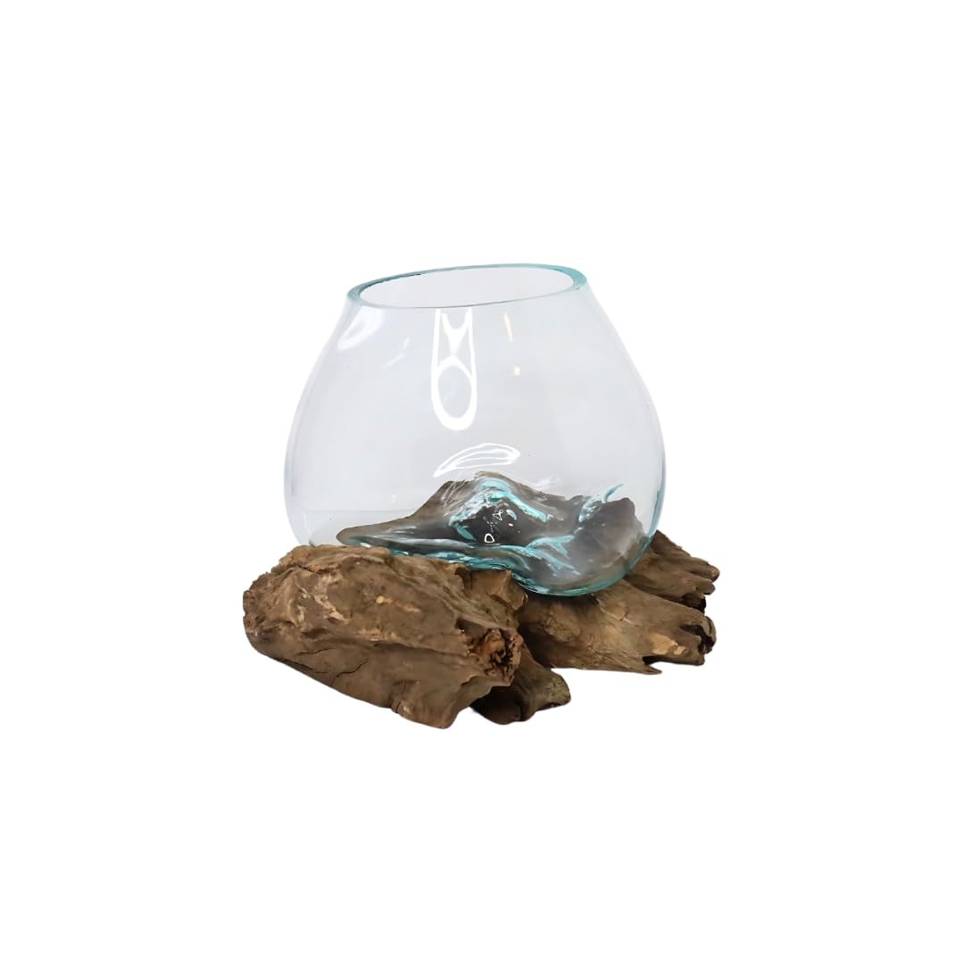 Rare Earth Gallery GamalFlow Medium Melted Glass Bowl On Wood Base, Perfect Terrarium or Planter, Brown, About 8" Wide